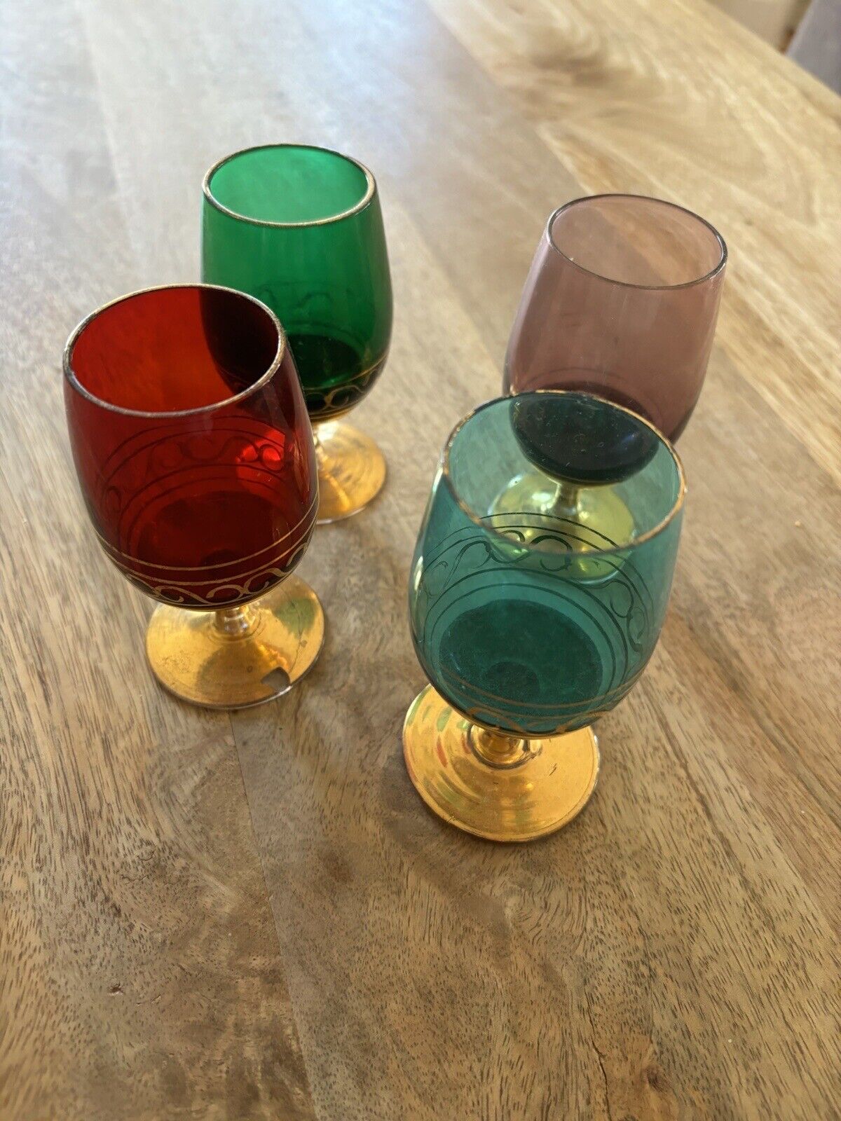 Vintage Authentic Rare Liquor Glasses Cups Set Of 4 Colored Art Deco Circa ‘20s