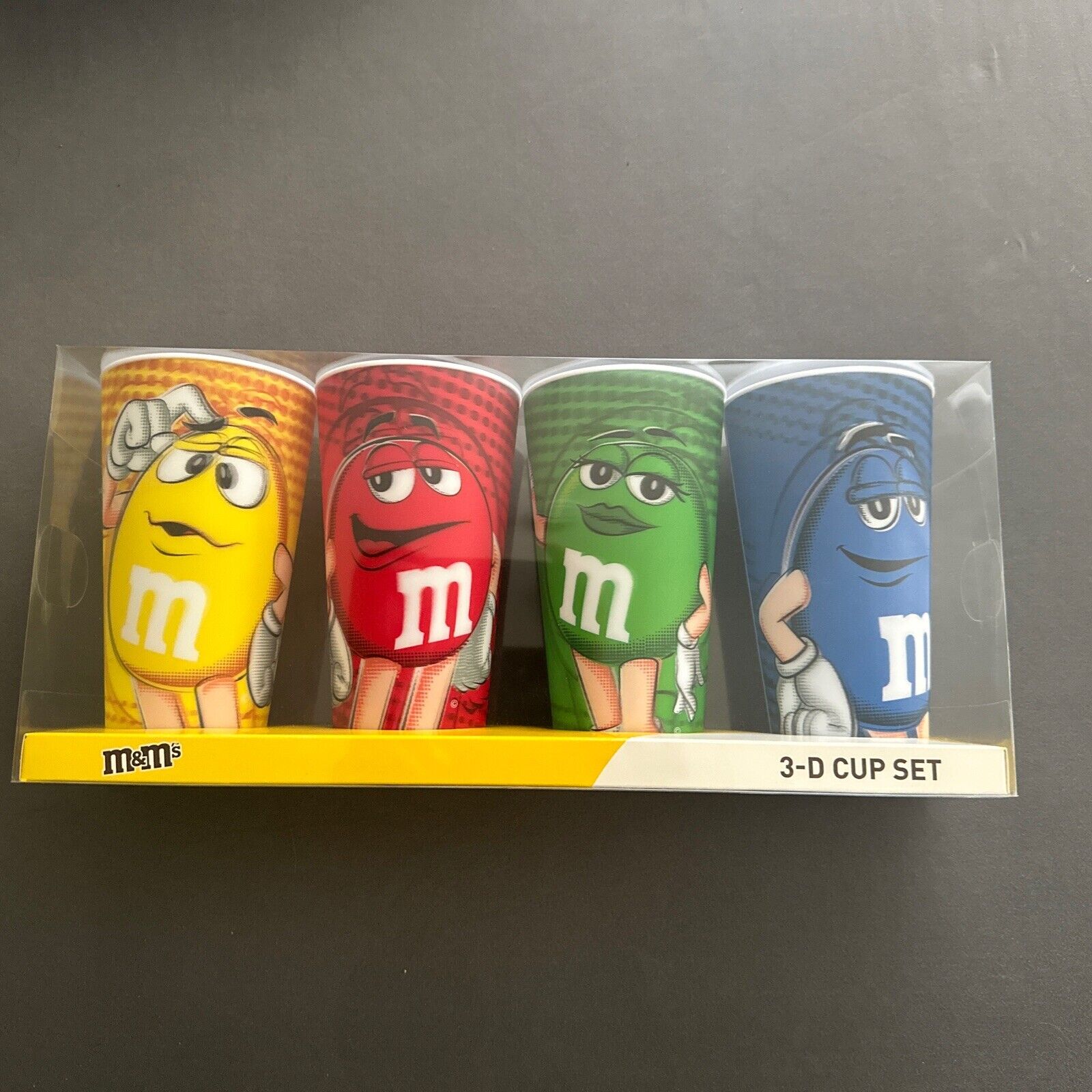 M&M\'s 3-D Cup Set of 4 Yellow Red Green Blue Sayings on Back New