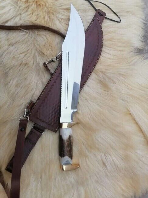HIGH POLISH MIRROR POLISHED Ram ANTLER BOWIE KNIFE D2 TOOL STEEL BLADE BOWIE