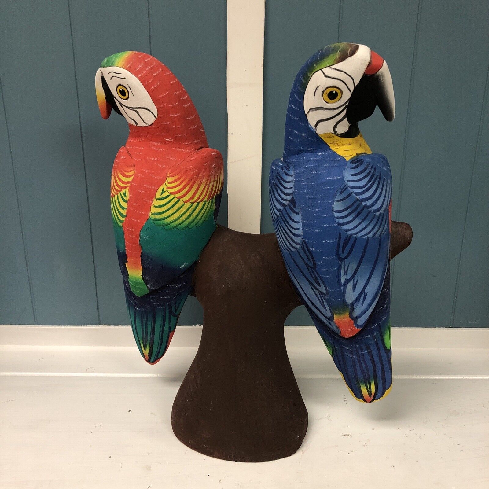 Unique Handmade Wooden Painted Pair Of Red Blue Macaw Parrot on Perch 16” Wood