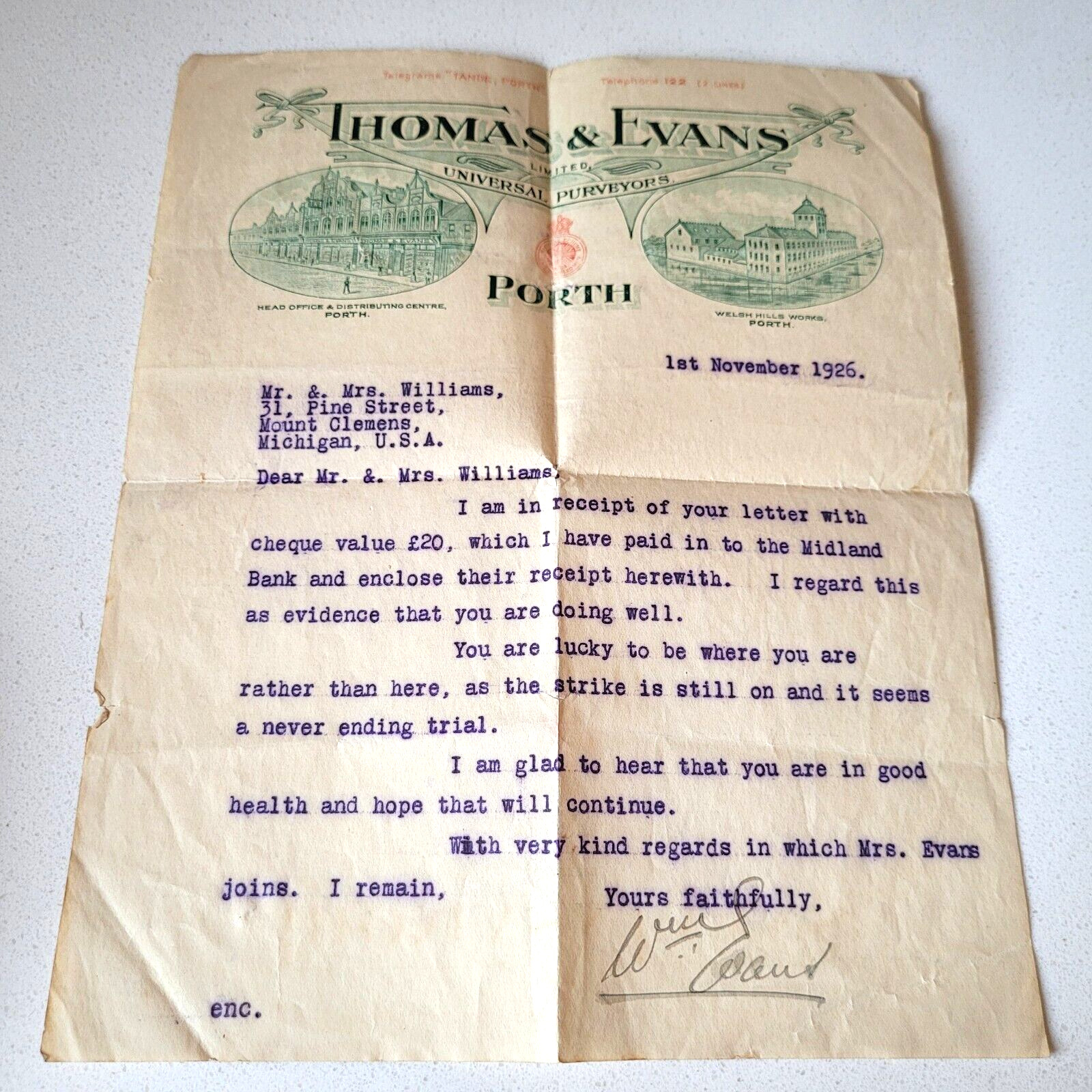 ORIGINAL Antique Invoice Letter Head 1926 Signed Will Evans Corona Pop England