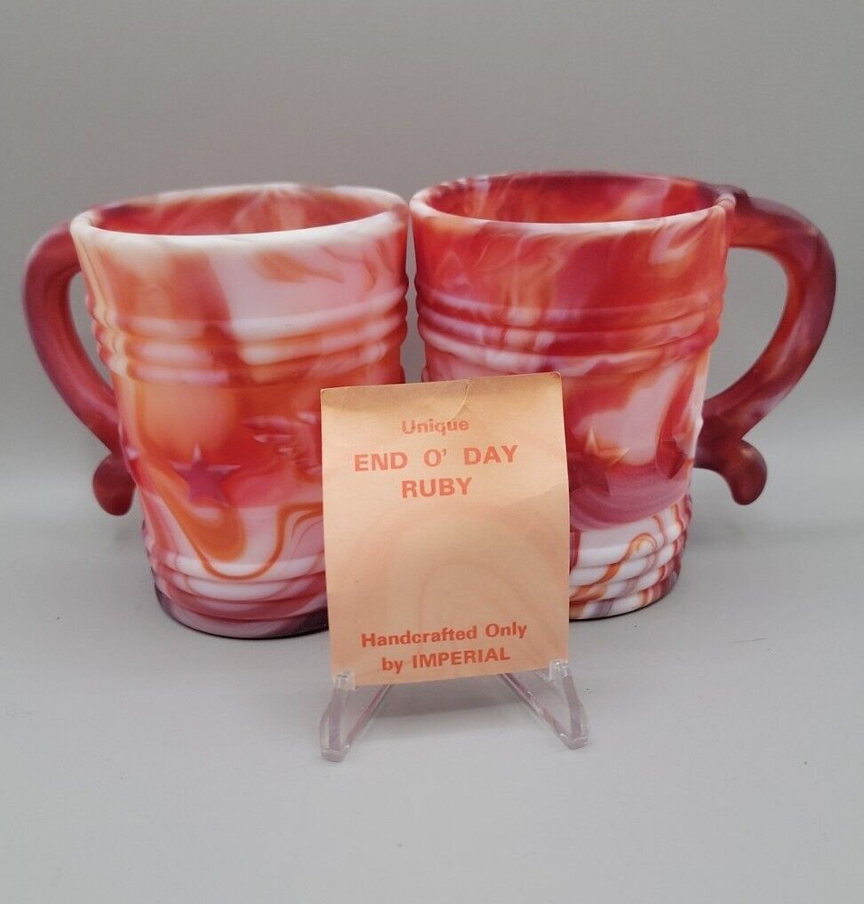 2 Vintage Imperial End Of Day Mugs Original Card Eagle Ruby Red Swirl