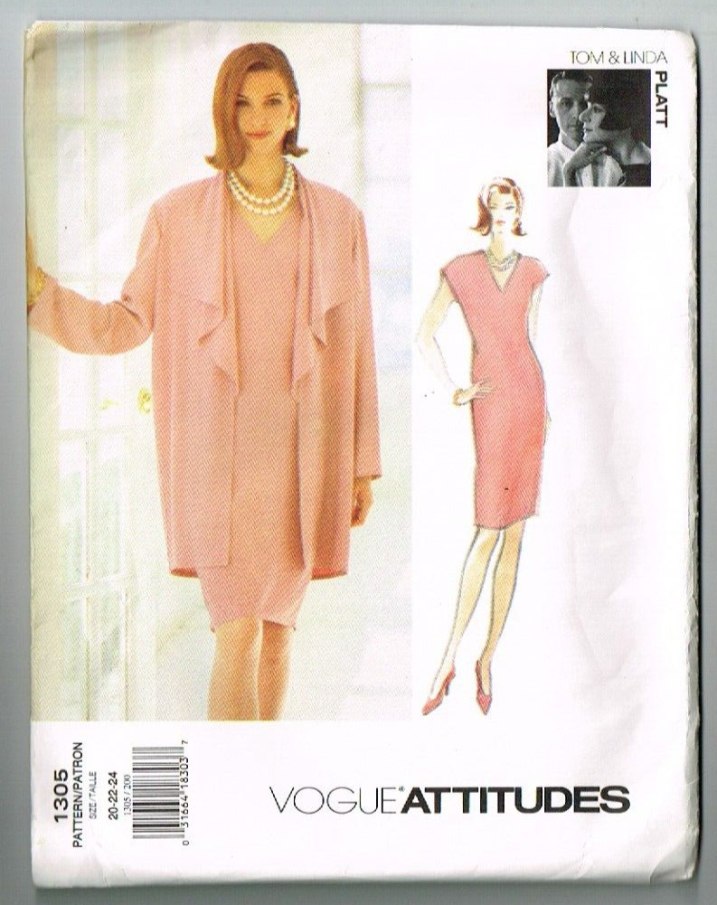 Vogue Attitudes 1305 Jacket & Dress Platt Pattern Size 20 22 24 1990's VTG UNC