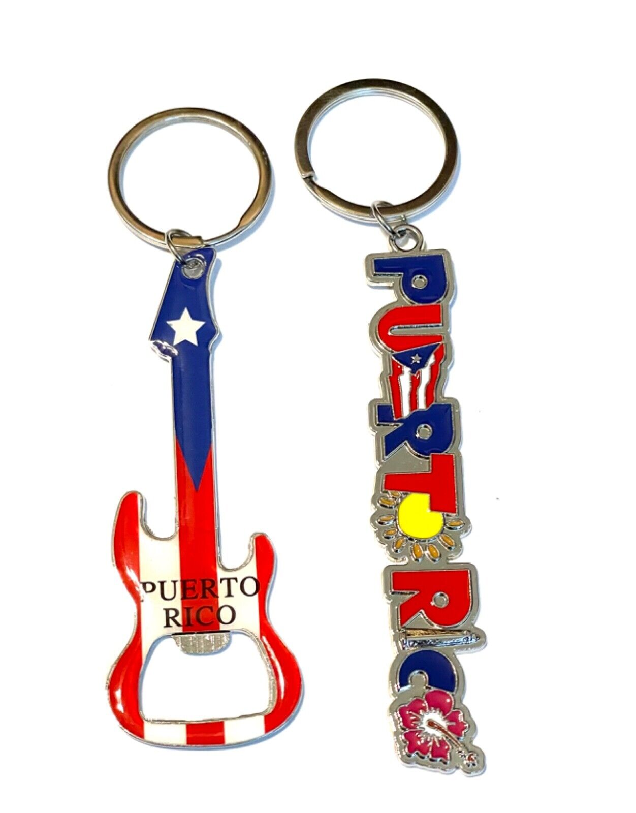 Puerto Rico Souvenir Keychain Set of 2 Guitar shaped and Letters Charm Design