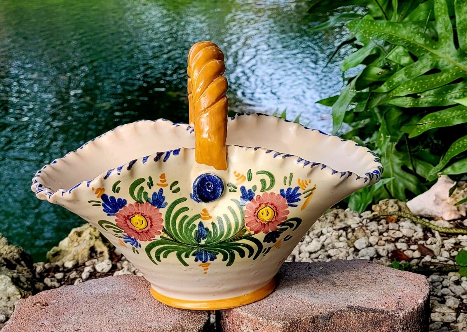 Vintage Toledo Spain Art Pottery Ceramic Braided Large Basket.