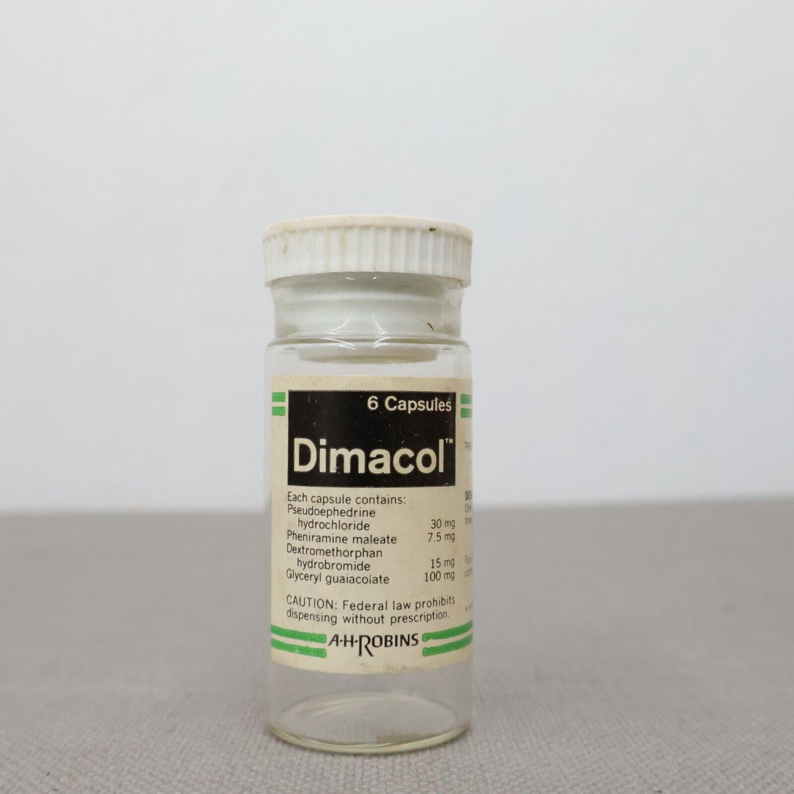 Vintage Dimacol Capsule Medicine Empty Bottle Apothecary Pharmacy