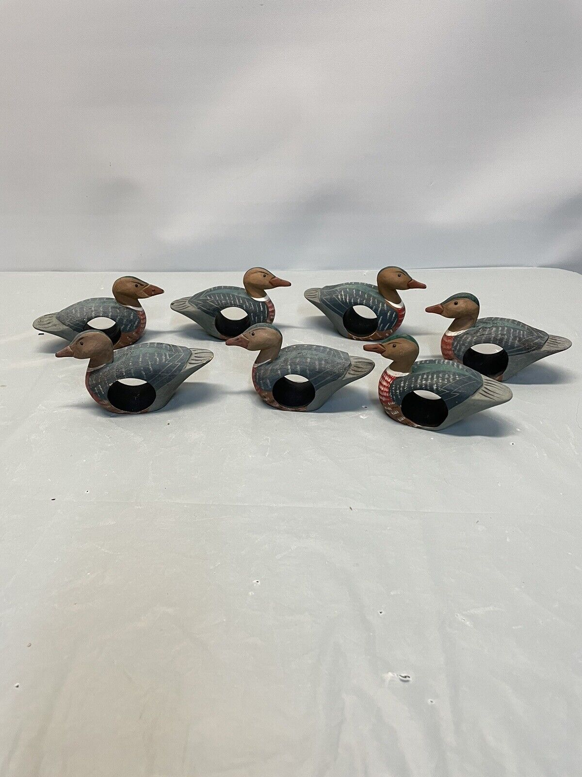 Lot Of 7 Hand Painted Wooden Duck Napkin Holders