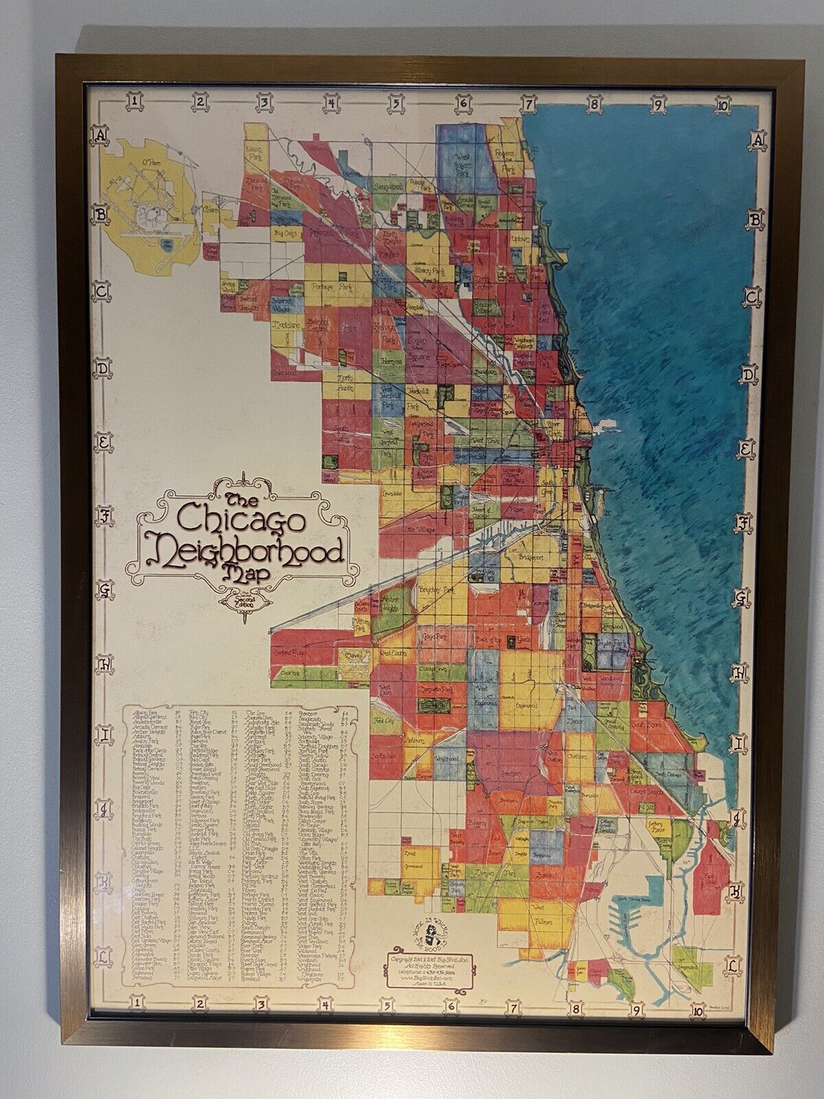 Vintage Second edition Chicago neighborhoods large framed map, Excellent Print