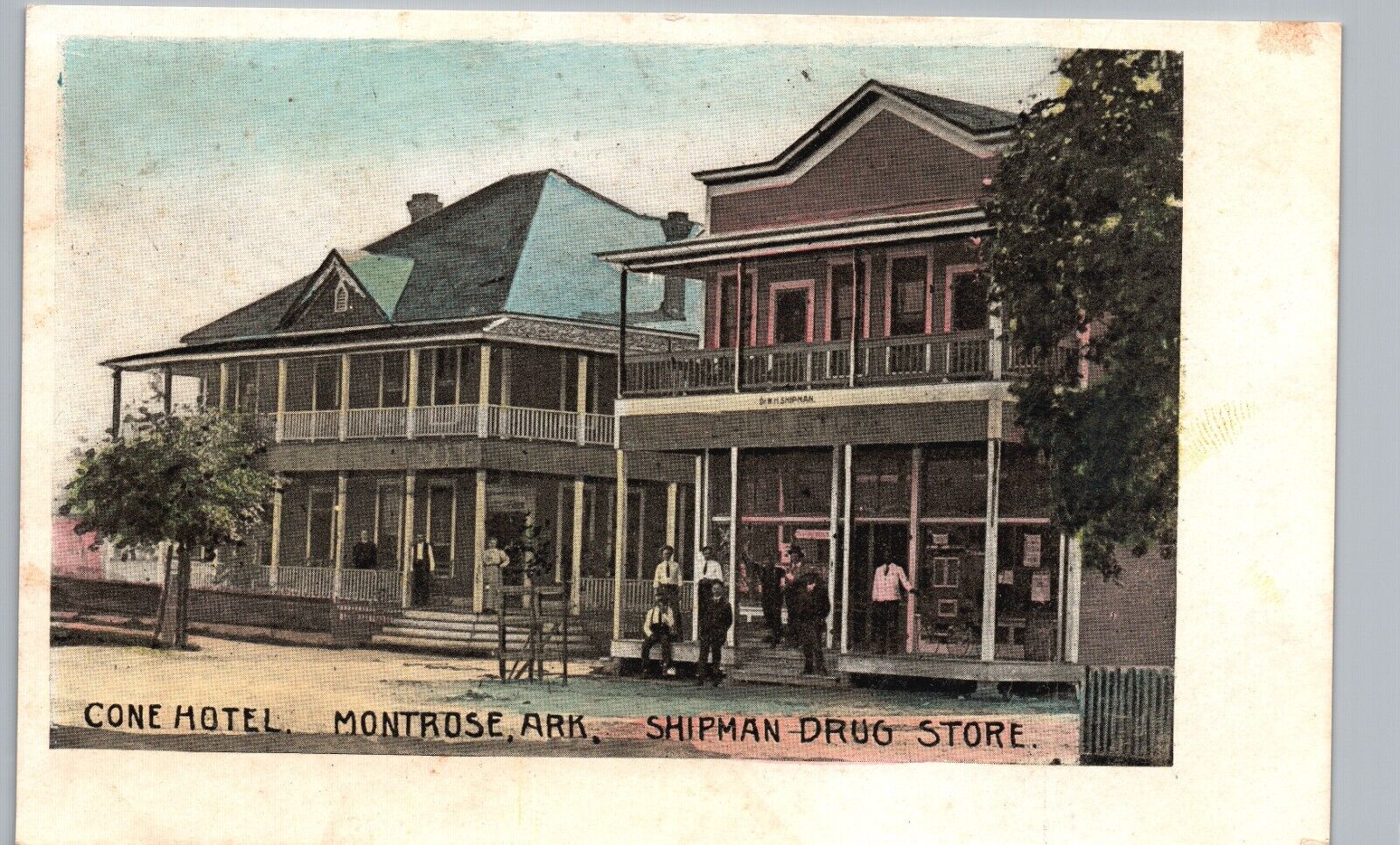 SHIPMAN DRUG STORE & CONE HOTEL montrose ar original antique postcard arkansas