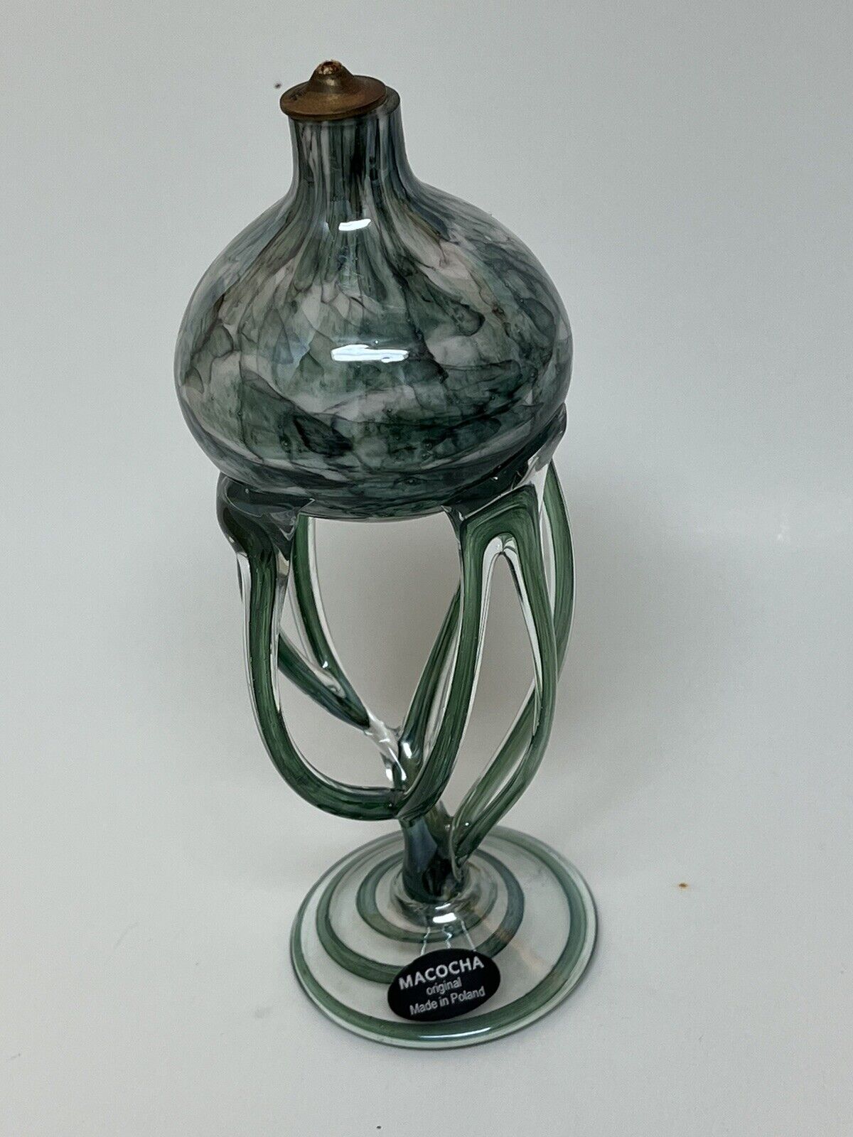 vintage hand blown Green art glass oil lamp macocha original poland 8 in Poland