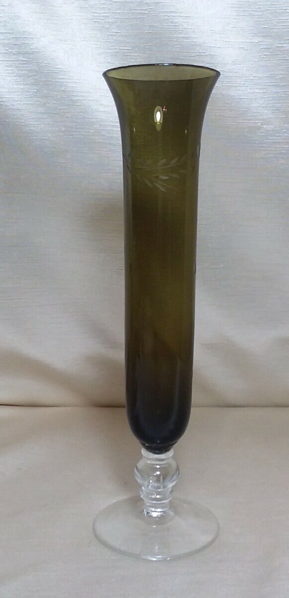 Delicate Olive Green Etched Glass Bud Vase Wheat & Bubbles