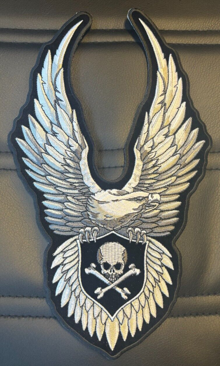 EAGLE HOLDING A SKULL WITH LARGE WINGS LARGE BIKER PATCH IRON ON 11X6.5 INCHES