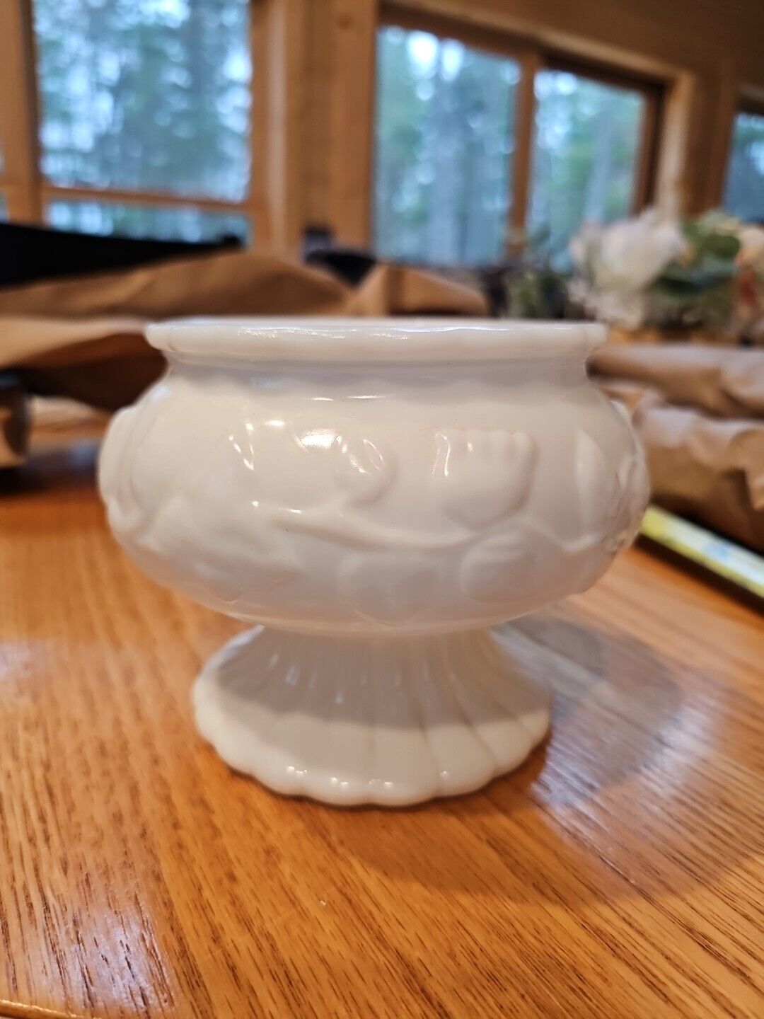 Vintage White Glass Planter With Floral Pattern