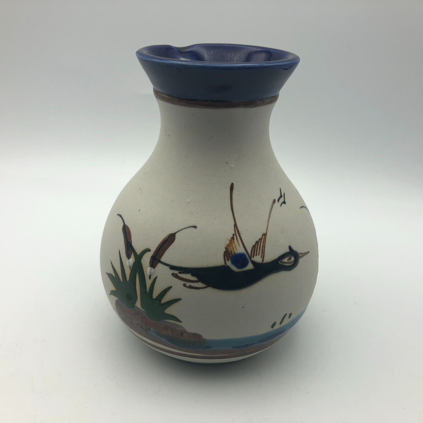 Vintage Mexican Tonala Bird Cattails Pottery Vase Artist Signed L8