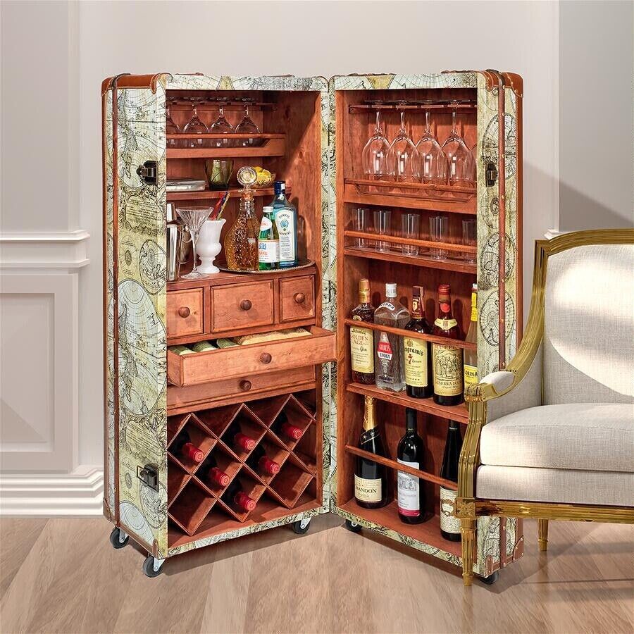 Vintage Style Wardrobe Turned Full Cocktail Bar Map of the World Steamer Trunk
