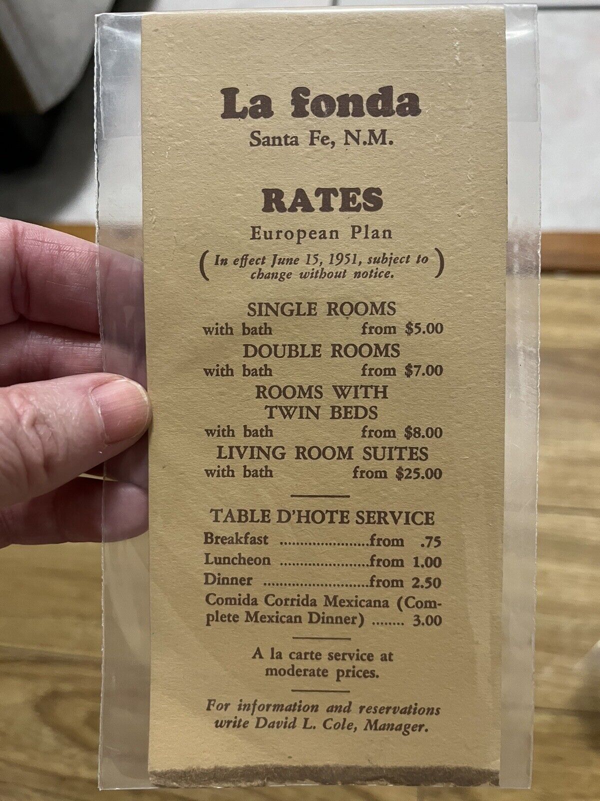 1950’s La Fonda Hotel Rate Card 1951 Santa Fe, New Mexico Rate HTF