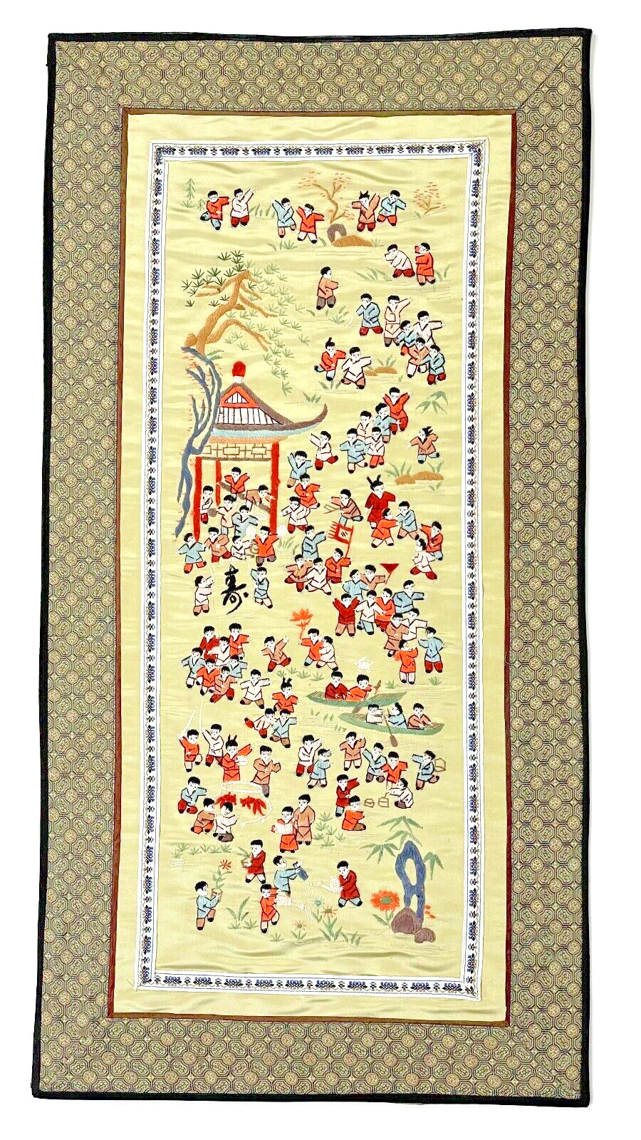 Antique Chinese Silk Hand Embroidered 100 Children 26x13 Wall Art Ready to Frame