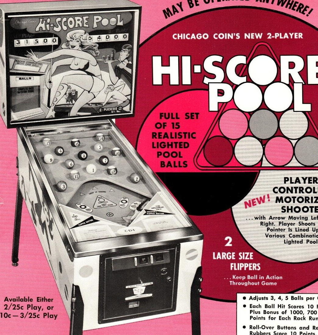 Hi-Score Pool Pinball Flyer Original Chicago Coin 1971 Artwork Promo Retro Game