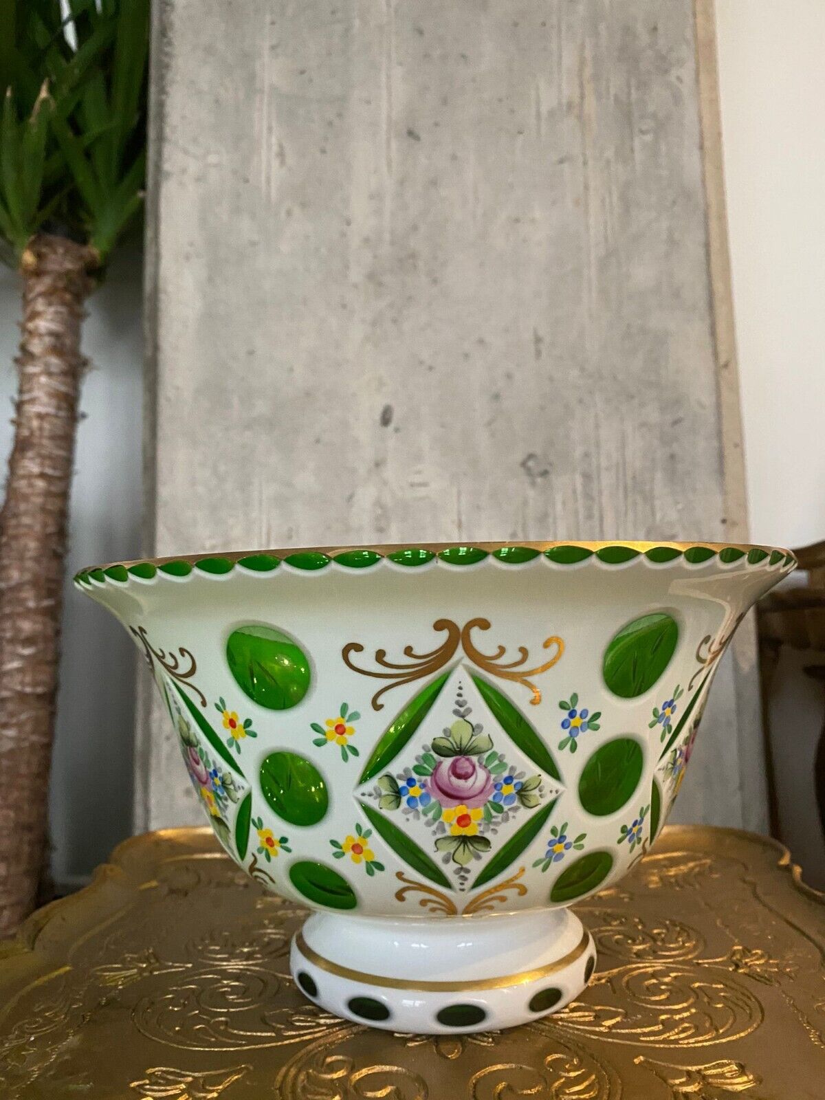 Hand painted antique bohemian white enamel overlay mose bowl 