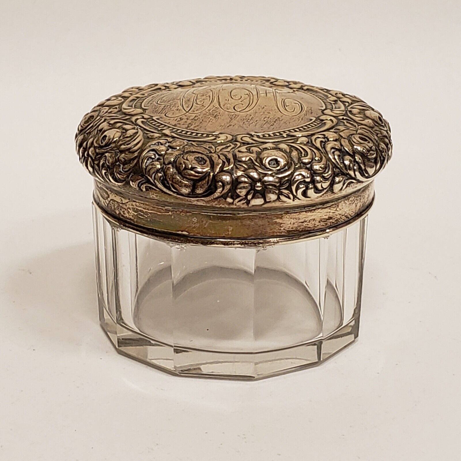 Antique Unger Bros Art Nouveau Sterling Silver Glass Vanity Dresser Jar Mono