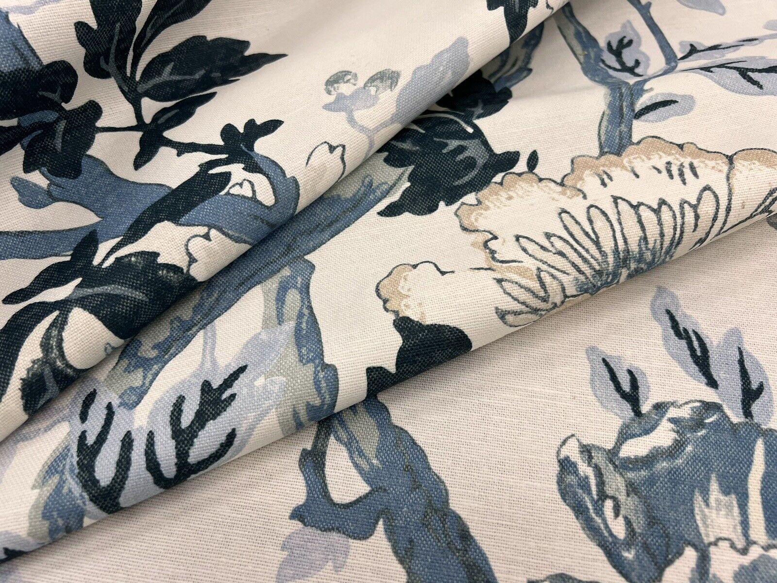 Lee Jofa Trailing Vine Floral Leaf Linen Print Fabric- Inisfree / Denim 2.10 yds