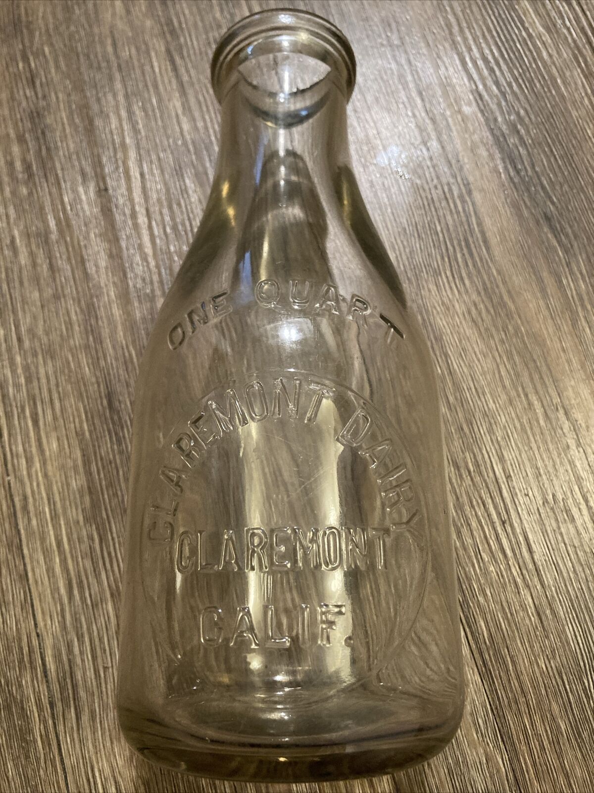 Vintage CLAREMONT DAIRY California One Quart Clear Glass Milk Bottle Jug USA