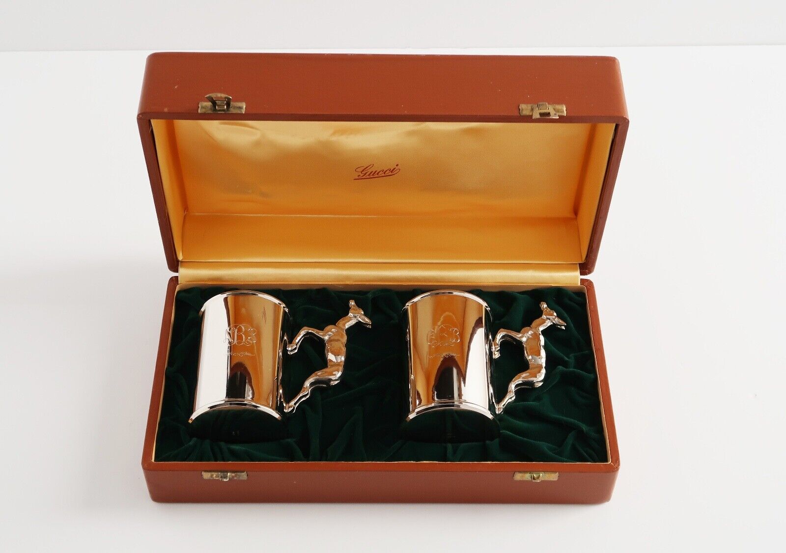 Vintage Pair Gucci Italy Silver Plate Cups Mugs Deer Handles