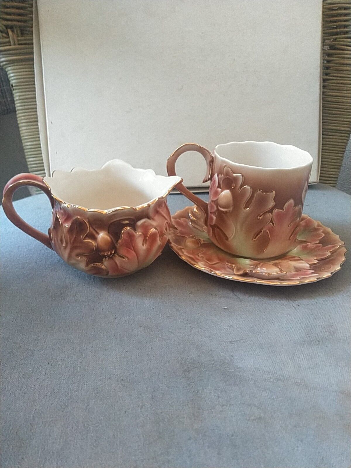 Franz Teacup Saucer And Creamer Set Leaves And Acorns Nice Fall Pattern