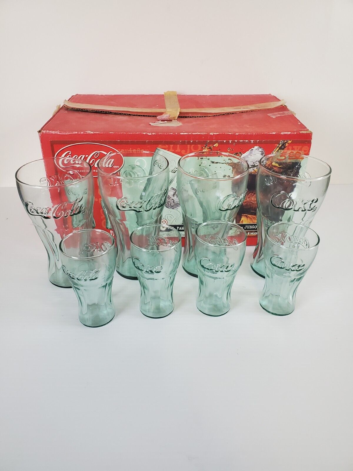 Coca Cola 8 pc Family Set 4-22 oz 4-6 oz Style Bell Shape Green Indiana Glass