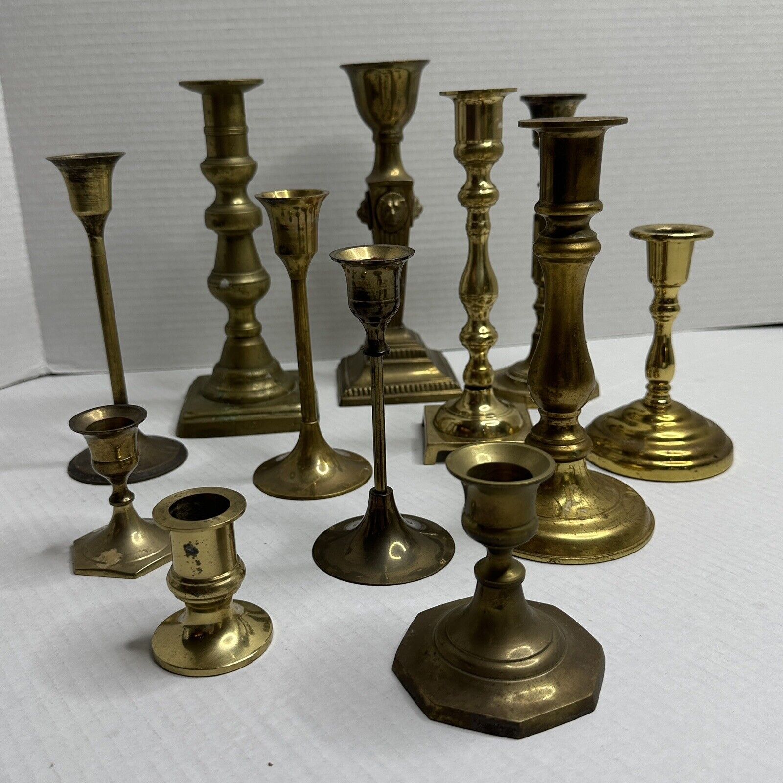 Mixed Lot of 13 Vintage Brass Candlesticks Holders Wedding Tablescape Set