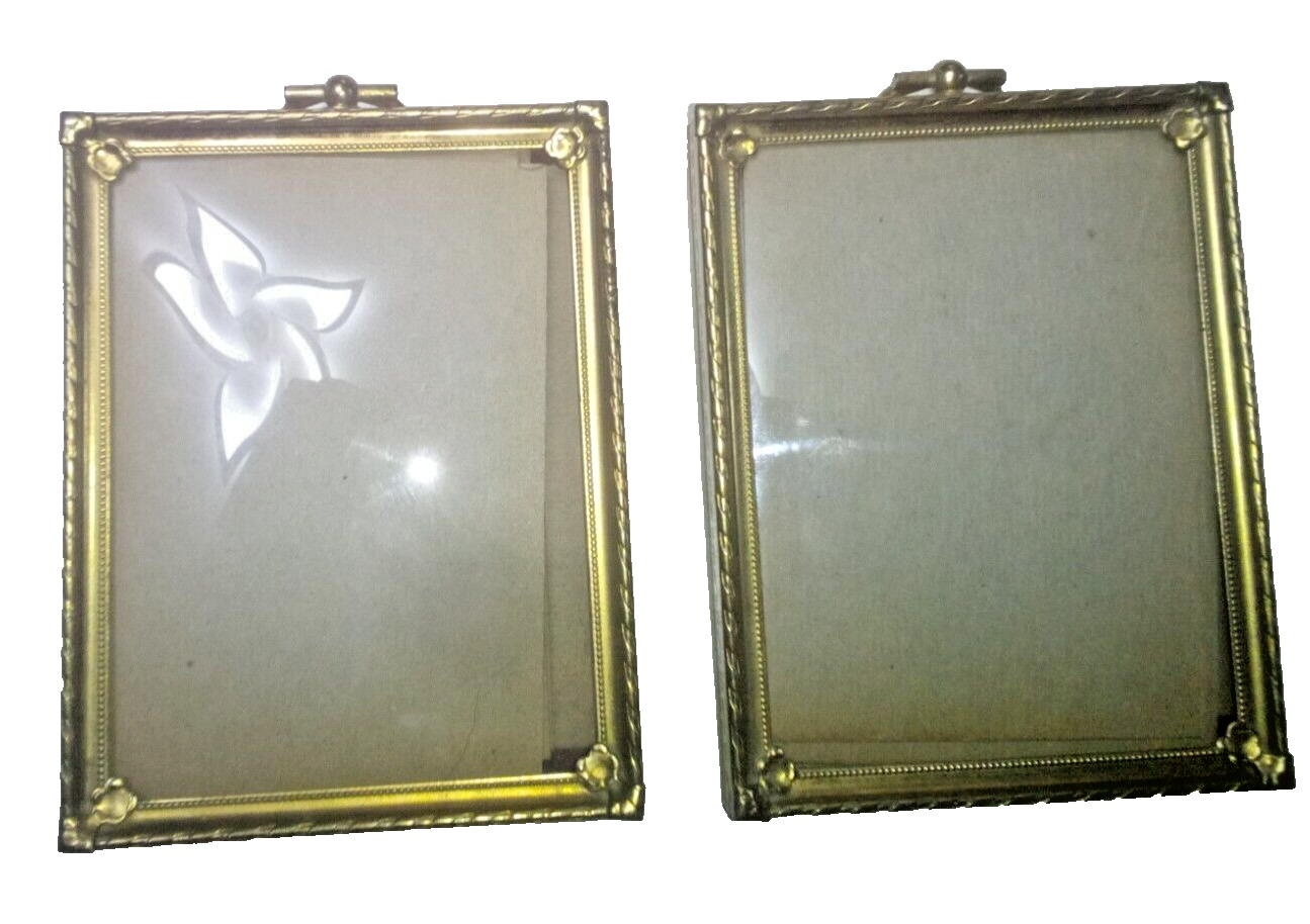 2 Vtg Brass Picture Frames Hang or Free-Standing Curved Glass *Chipped Corners*