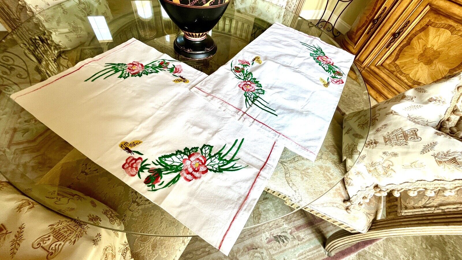 Hand Embroidered Vintage White Floral Pillow Cases