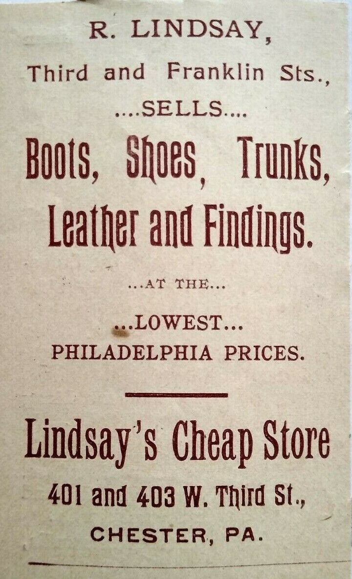 Vintage Print Ad Chester Pennsylvania R. Lindsay Leatherworker Shoe Store 1895 