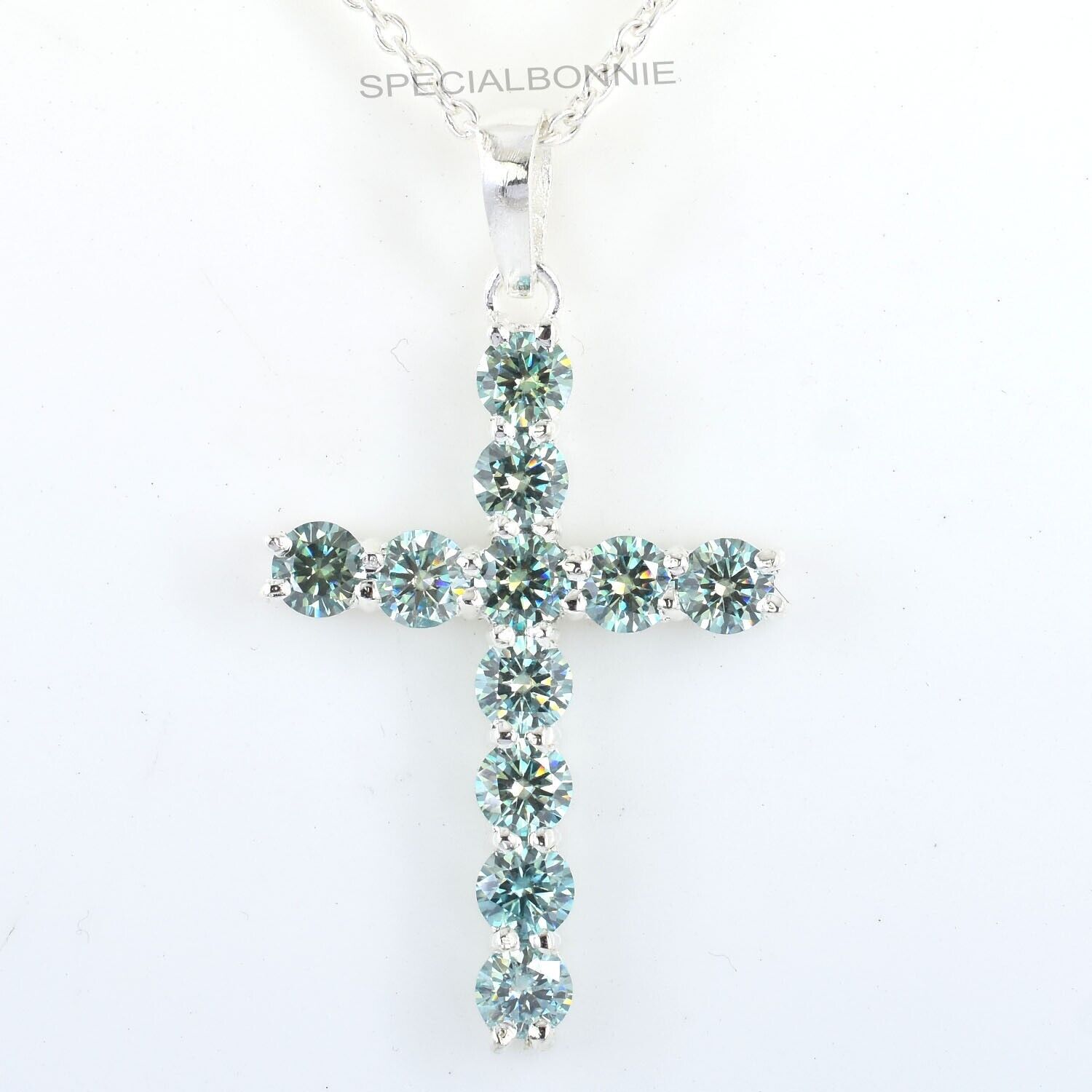 5.50Ct Certified Ice Blue Diamond Cross 925 Silver Pendant, Unisex Gift. VIDEO