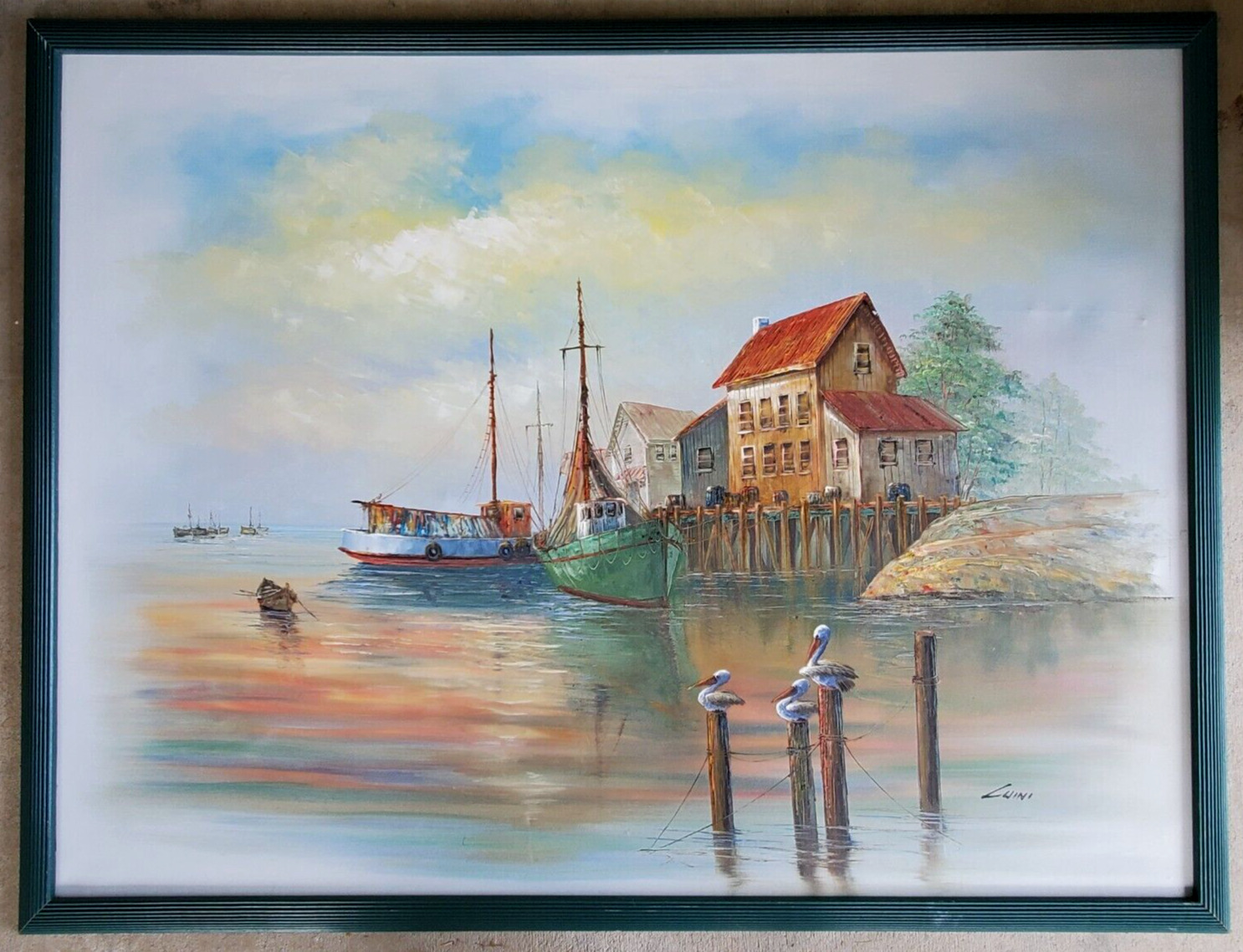 HUGE Original JOHN LUINI Oil Canvas Painting Fishing Boats Seascape Gloucester
