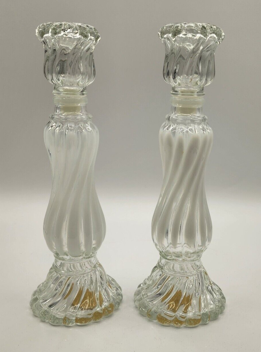 Vintage Avon Glass Opalique Set of 2 Candlesticks Swirl Cologne Bottles (Empty)