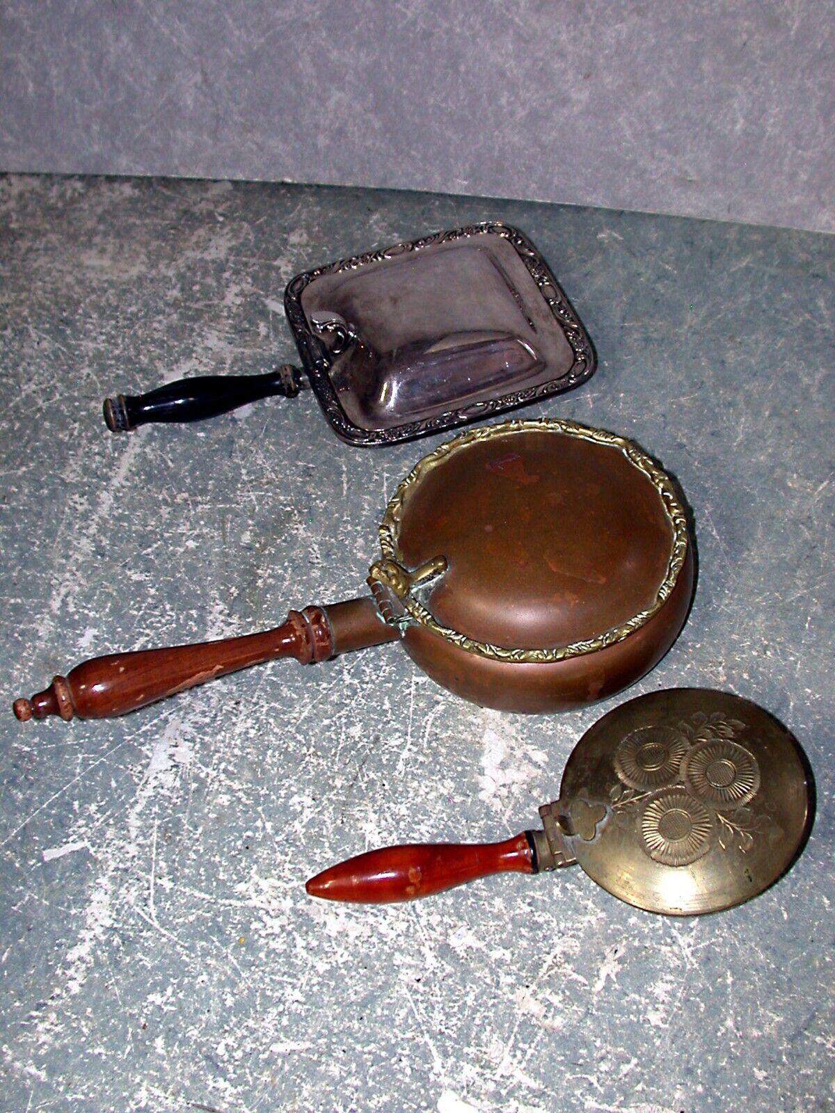 VTG 3pc lot of Silent Butlers. Silver plate?, Copper, Brass