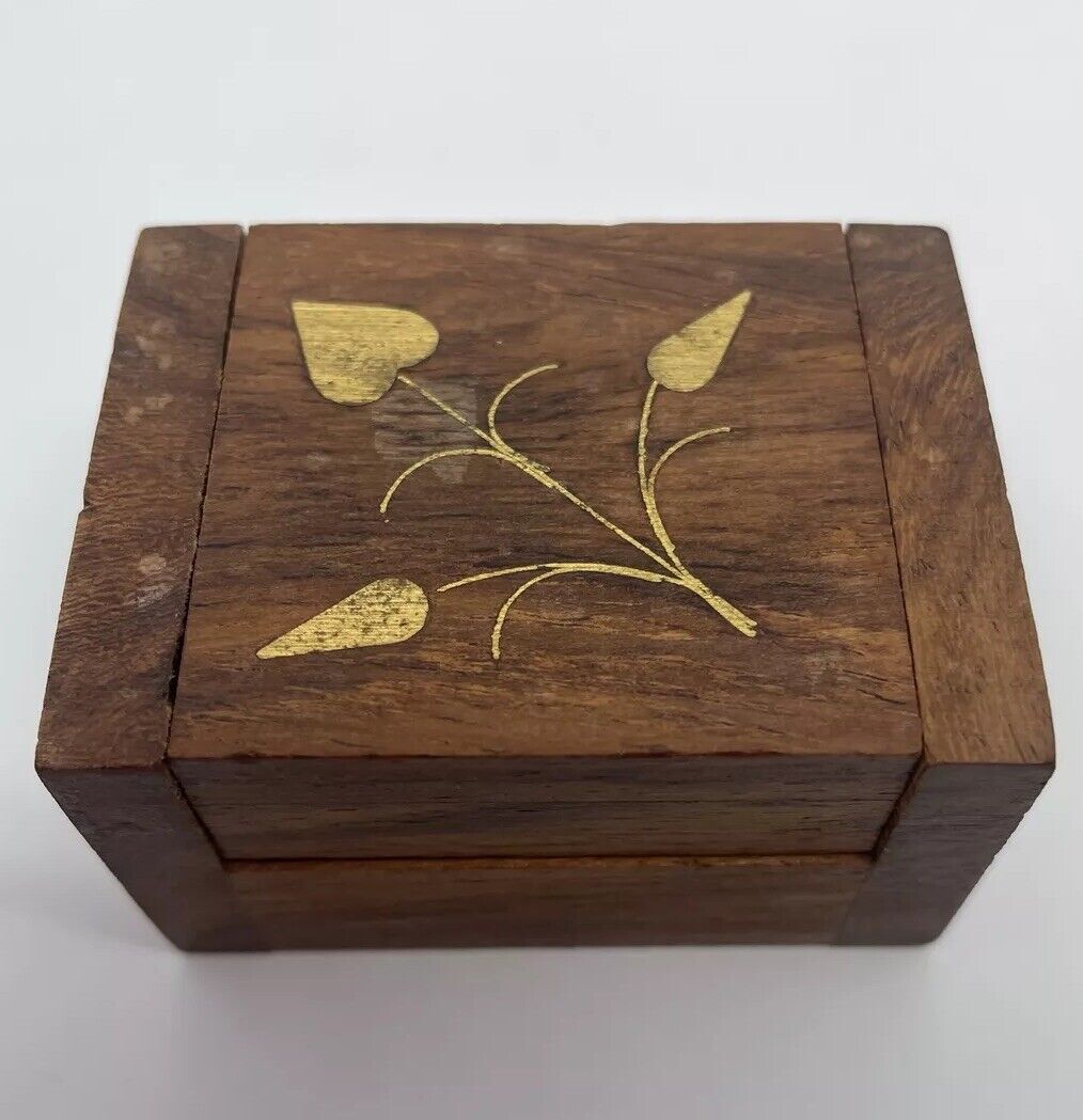 Vintage Tiny Wooden Box W/ Brass Inlay Trinket Box / Ring Box Hinged Lid