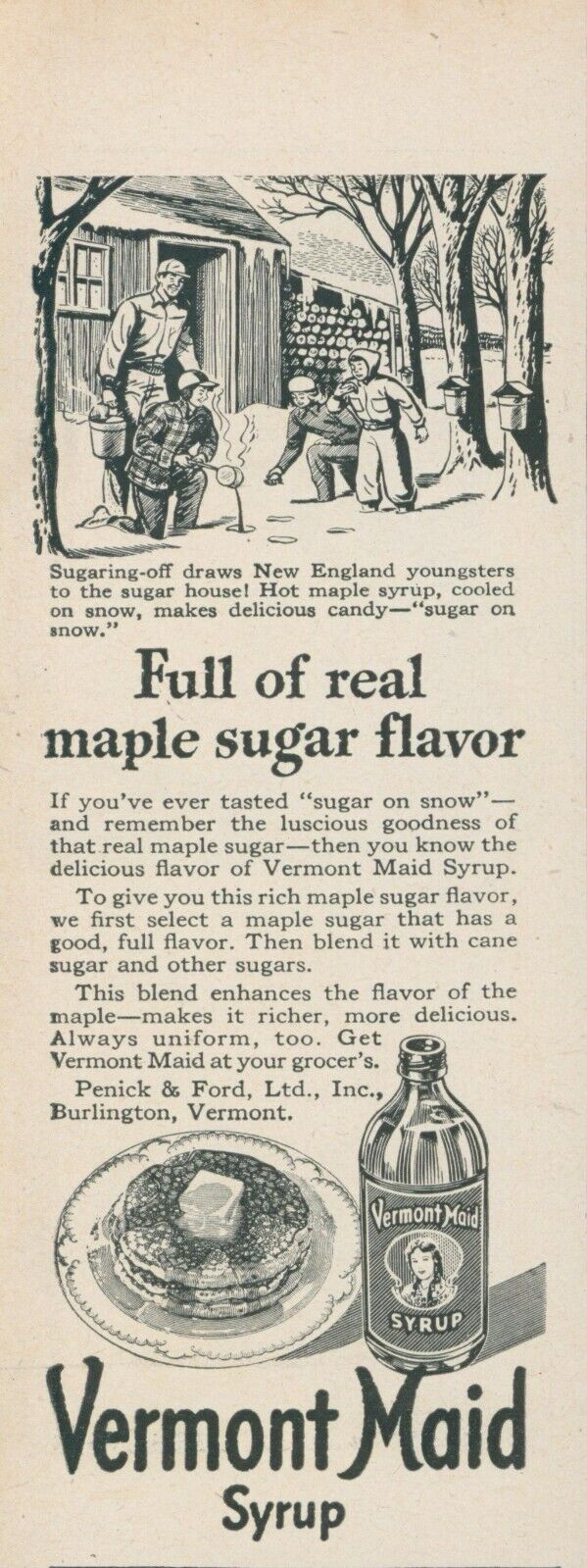 1945 Vermont Maid Syrup Sugaring Scene Maple Sugar Flavor Vintage Print Ad L21