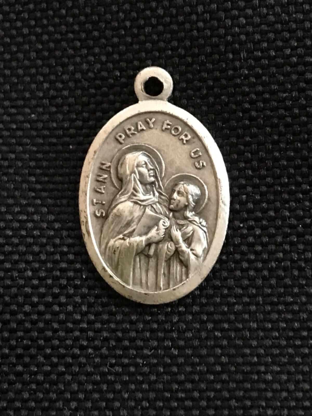 VINTAGE ST. ANN RELIGIOUS RELIC, OVAL MEDAL, GUARDIAN ANGEL on BACK, SPIRITUAL