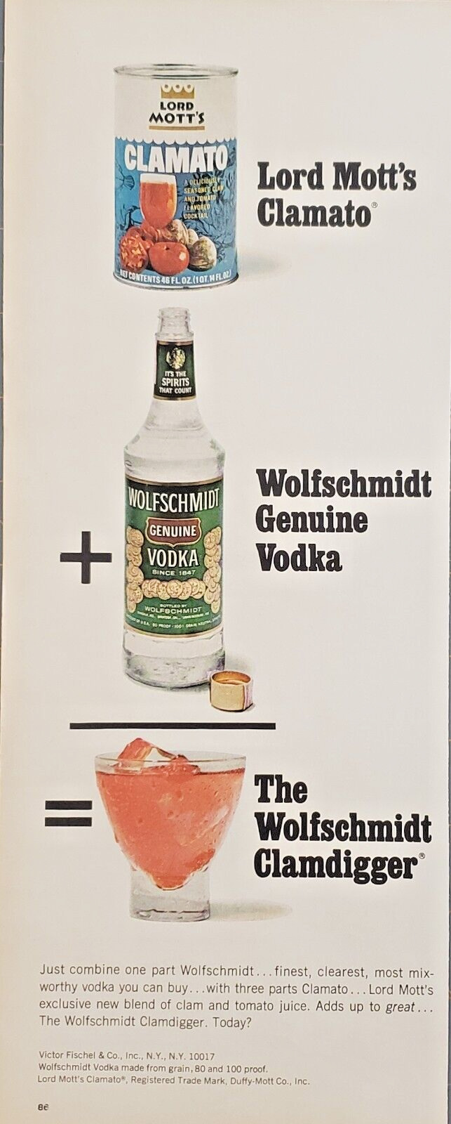 1969 Lord Mott's Clamato Cocktail Make Wolfschmidt Clamdigger Beverage Print Ad