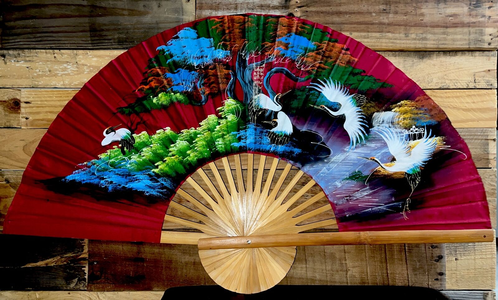 Oriental Asian Folding Wall Fan Decor Hand Painted Birds 40x24 Vintage