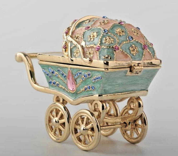 Keren Kopal Blue Baby Carriage Trinket  Box Decorated with Austrian Crystals