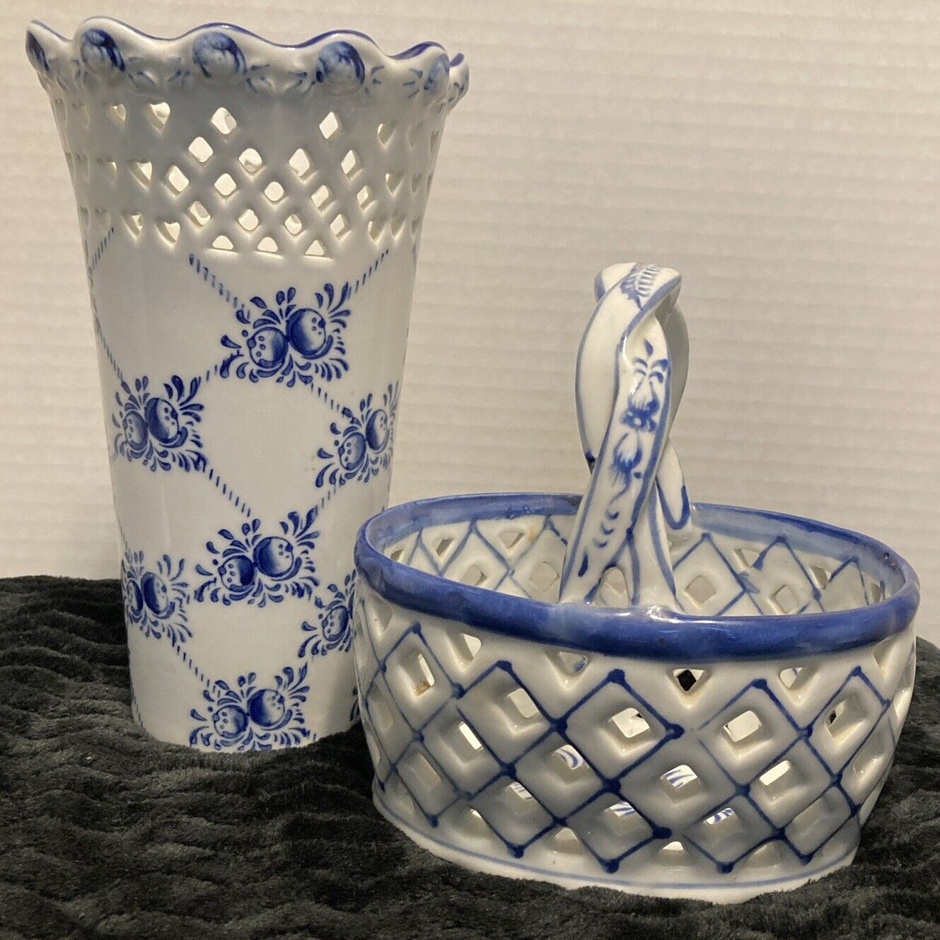 Vtg. Ceramic Reticulated Basket And Vase Set
