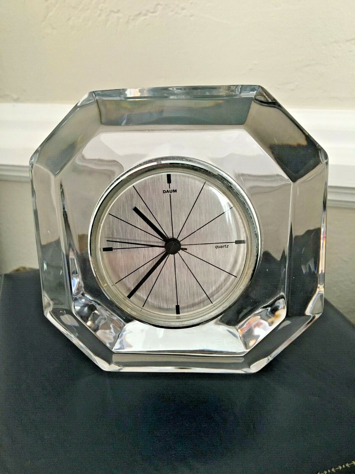 VINTAGE DAUM CRYSTAL OCTAGON CLOCK IN FITTED BOX MADE IN FRANCE -SIGNED