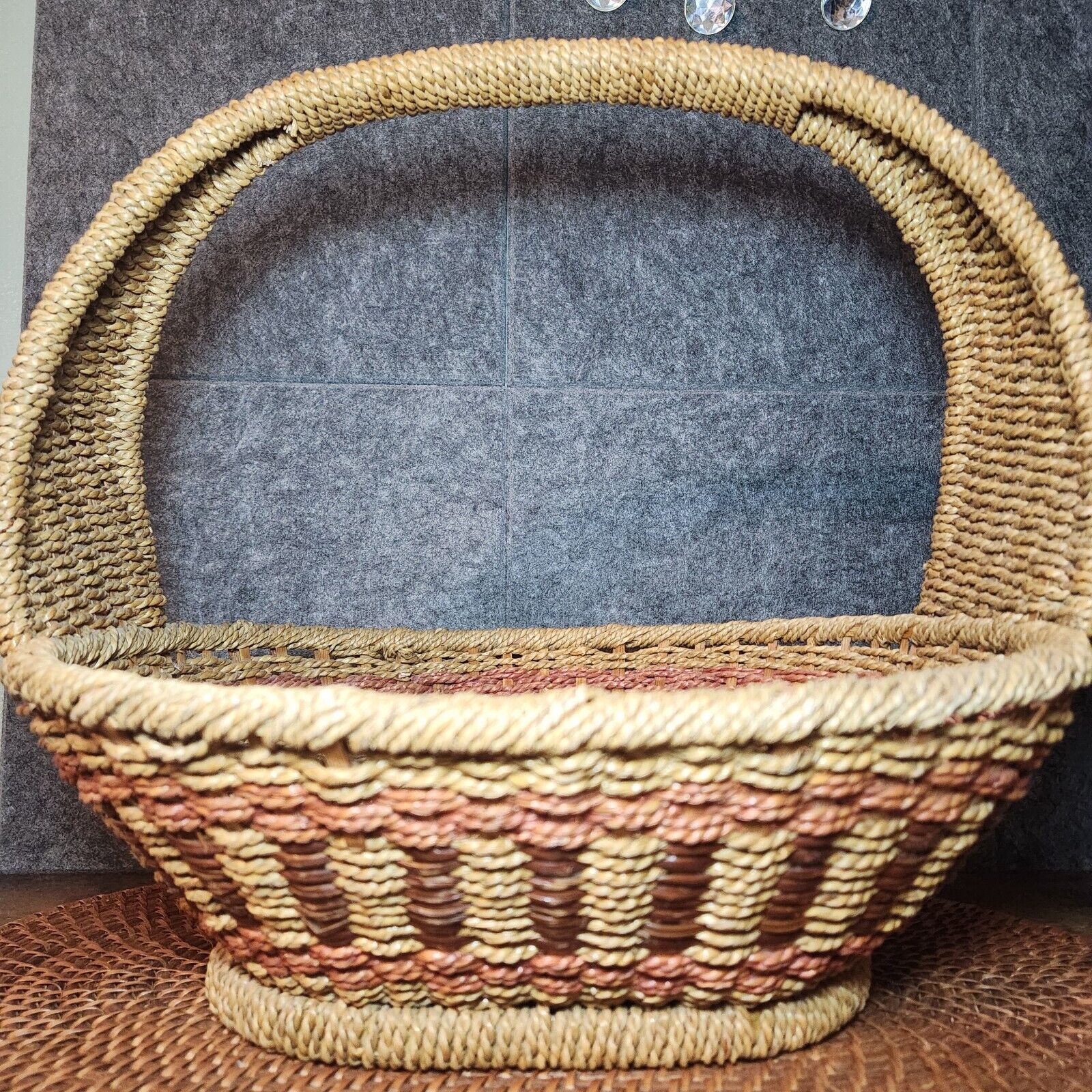 Beautiful Handmade Large Wood/Rope Grass Weave Basket Rustic Natural