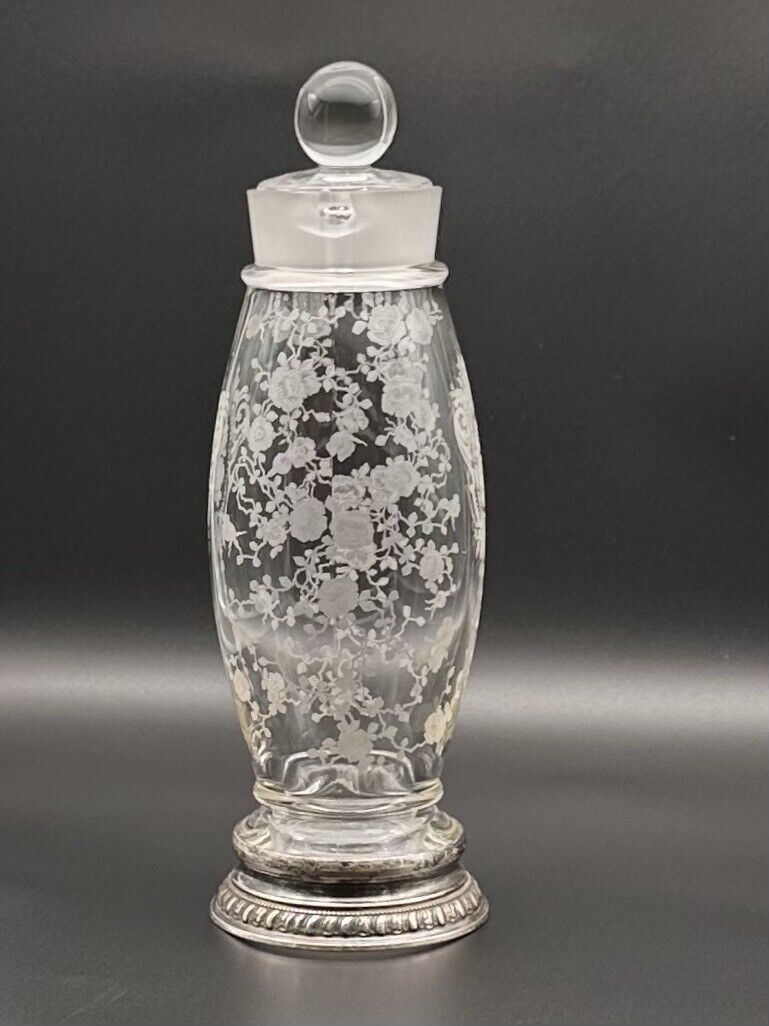Vintage Glass and Sterling Metal Cocktail Shaker w/Top Rose Point Etched c.1940s