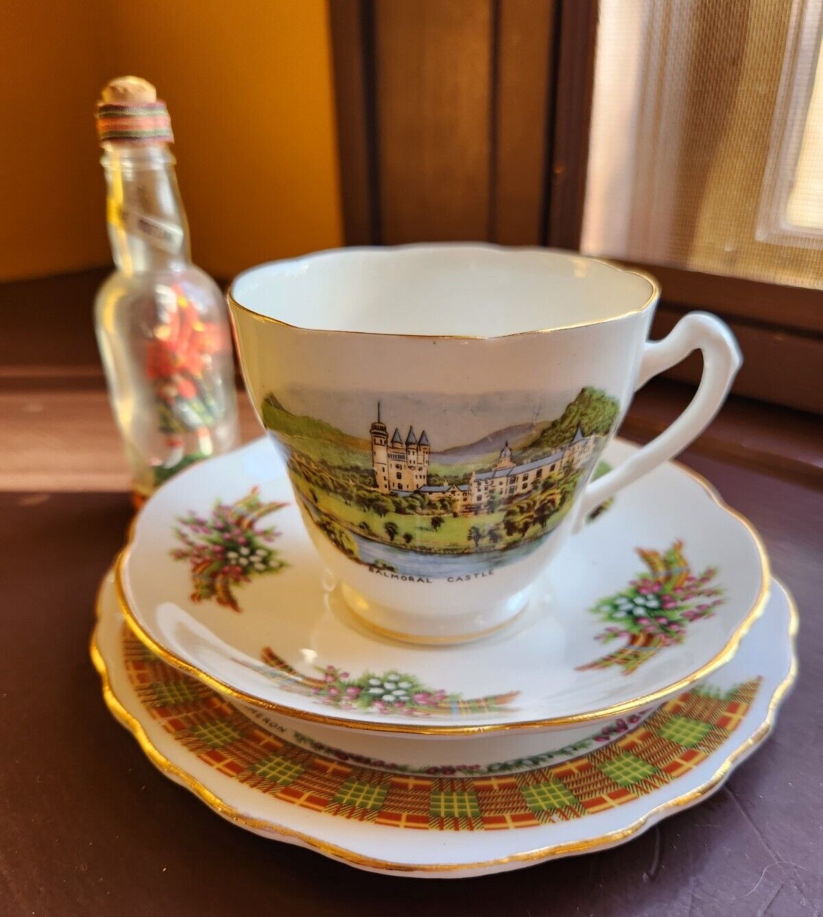 Vtg Bone China Teacup Saucer, Plate Balmoral Castle Scene Clan Cameron + Gift