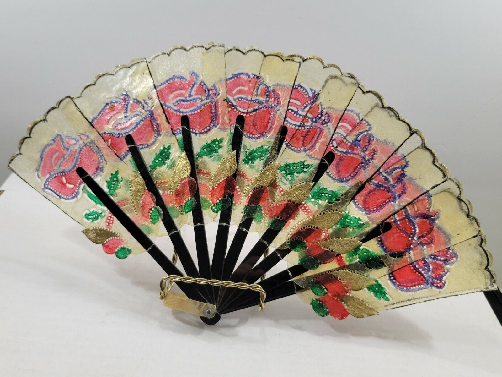 Vintage Oriental Hand Fan Hand Painted Textured Rice Paper Red Roses