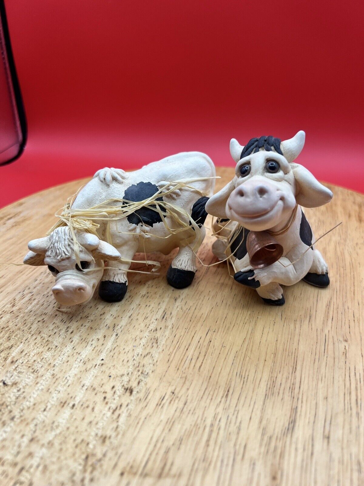 Cow Figurines Character Collectibles Black And White with Copper Bell